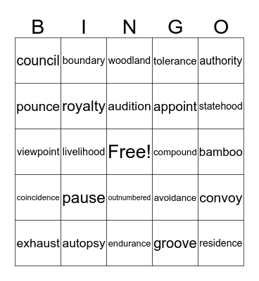 Vocabulary Bingo Card