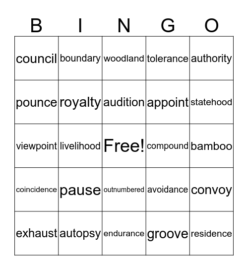 Vocabulary Bingo Card