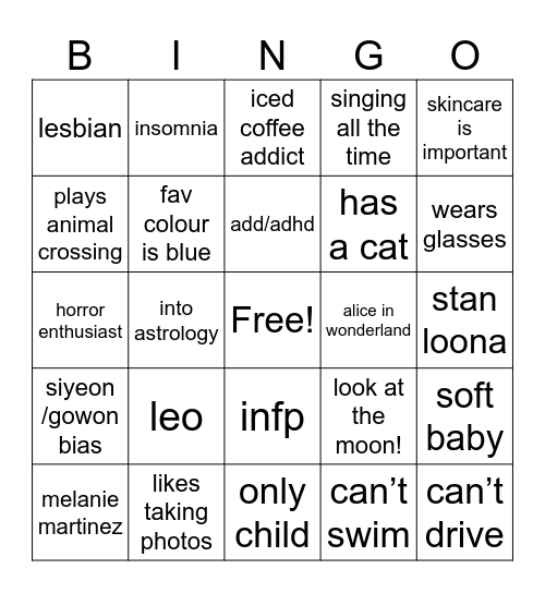 lunullaby Bingo Card