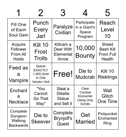 Skyrim Bingo #3 Bingo Card