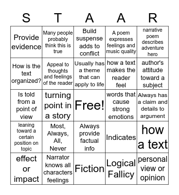 STAAR Bingo Card