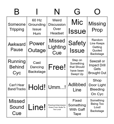 Tech Theatre Bingo Card