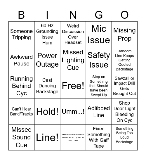 Tech Theatre Bingo Card