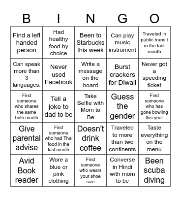 Baby Shower Bingo Card