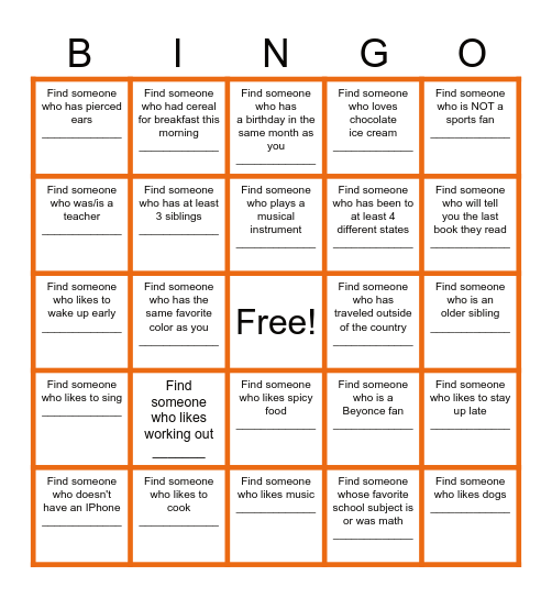 Find a Friend Bingo Card