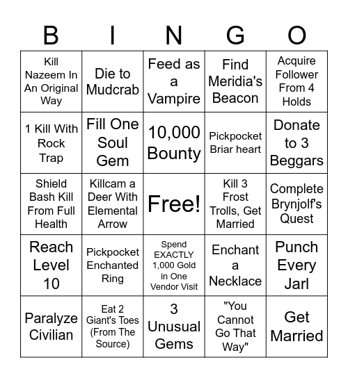 Skyrim Bingo!!! Bingo Card