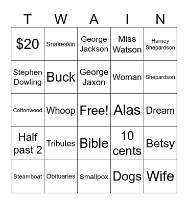 Adventures of Huckleberry Finn Bingo Card