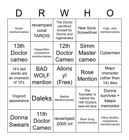 Doctor Who 60th Anniversary Specials Bingo Card