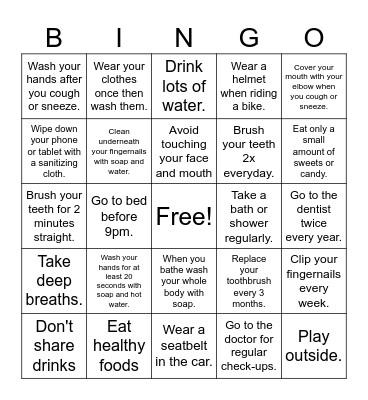 Healthy Choices BINGO Card