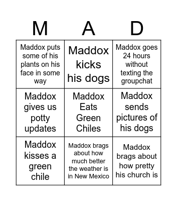 Maddox Bingo Card