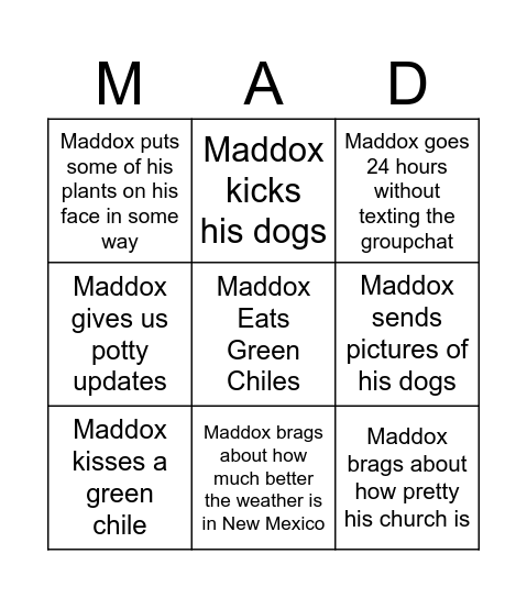 Maddox Bingo Card