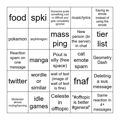 #celeste_offtopic Bingo Card