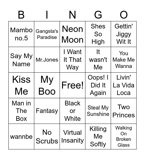 90's Hits Bingo Card