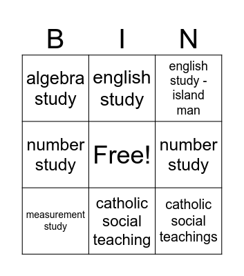 study Bingo Card