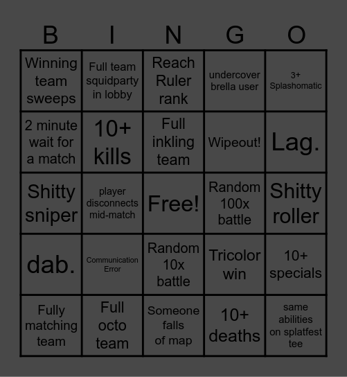 Splatfest Bingo Card