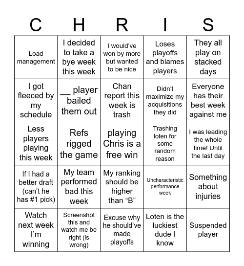 Chris excuse bingo Card