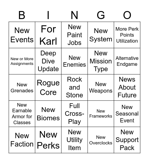 Deep Rock Galactic Season 5 Bingo Card