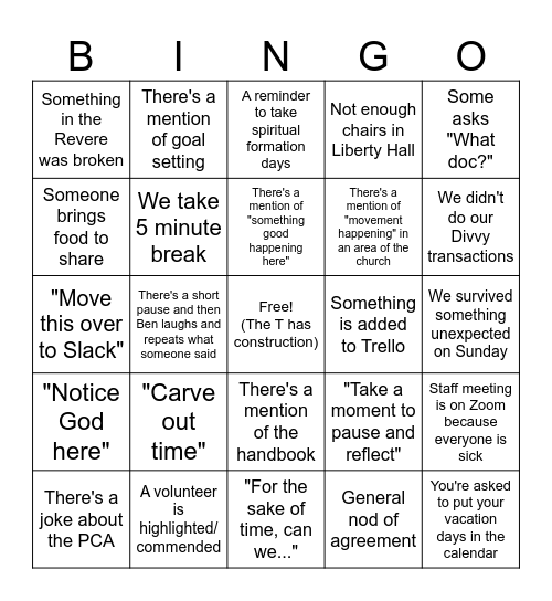 Staff Meeting Bingo Card