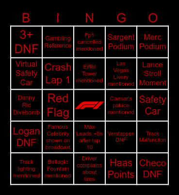 SRL Watch Party F1 Las Vegas Grand Prix Bingo Card