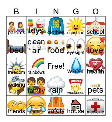 Things I am Thankful for... Bingo Card