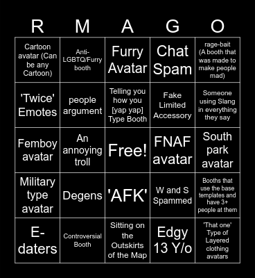 Rate my Avatar TRUE Bingo Card