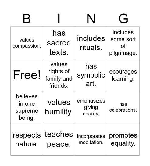 Find someone whose Religion: Bingo Card