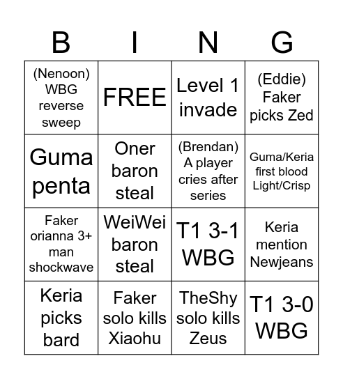 T1 VS WBG Bingo Card