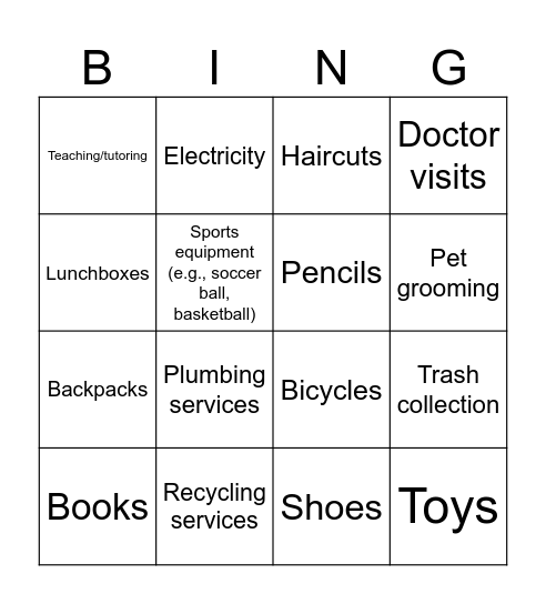 Goods and services Bingo Card
