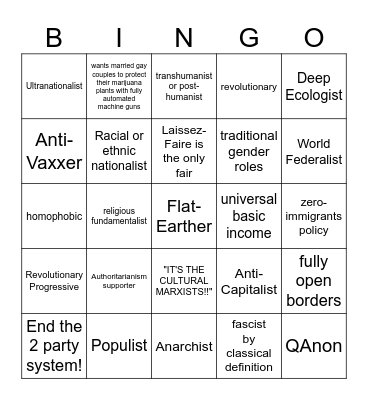 Politically Fringe Bingo Card