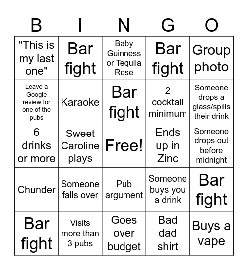 Pub Bingo Card