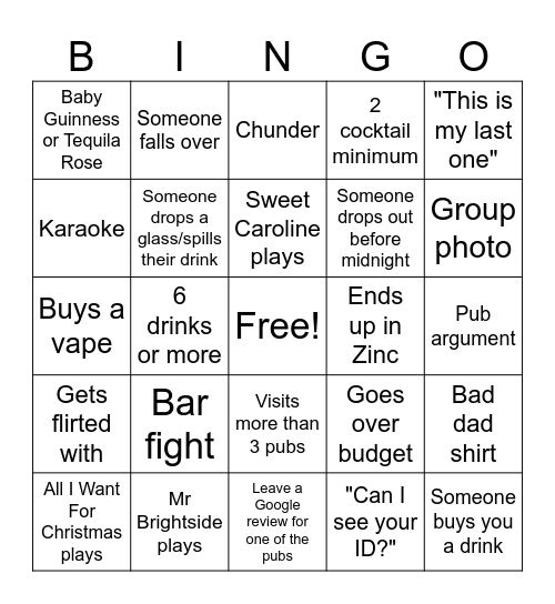 Pub Bingo Card