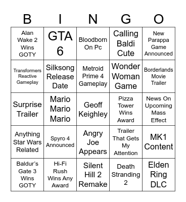 Game Awards 2023 Predictions Bingo Card