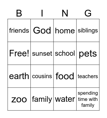 Class 301 is thankful for... Bingo Card