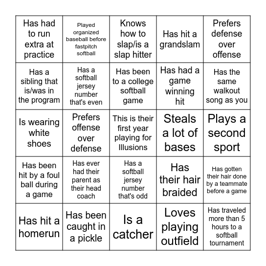Softball - Find Someone Who Bingo Card