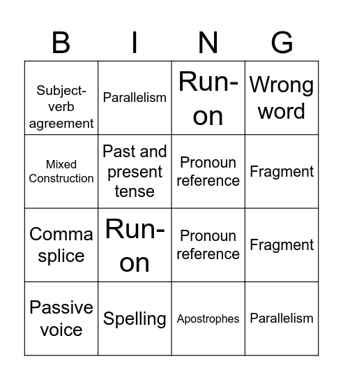 Grammar Bingo! Bingo Card