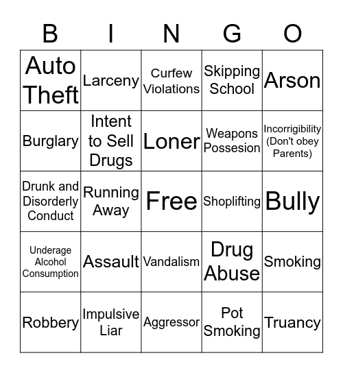 Juvenile Delinquency Bingo Card