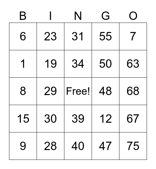 Number Bingo 1-75 Bingo Card