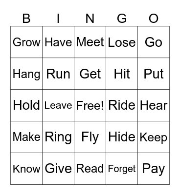 Verbs Simple Past/ Past Participle Bingo Card