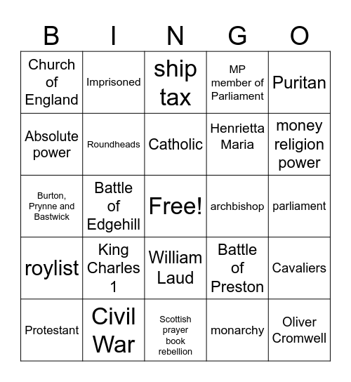 English Civil war Bingo Card