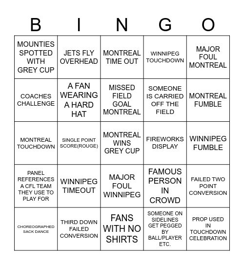 2023 GREY CUP BINGO Card