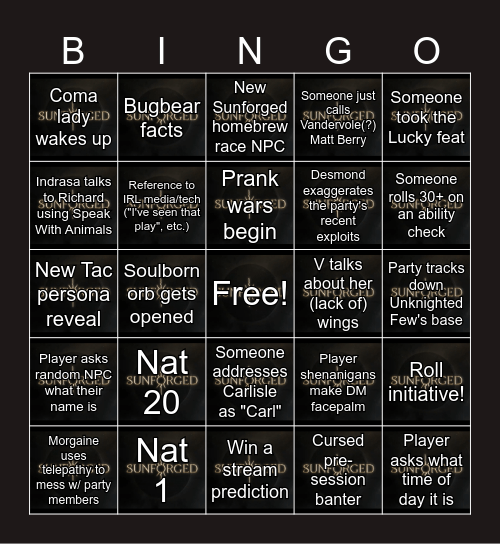 Sunforged Episode 10 Bingo Card