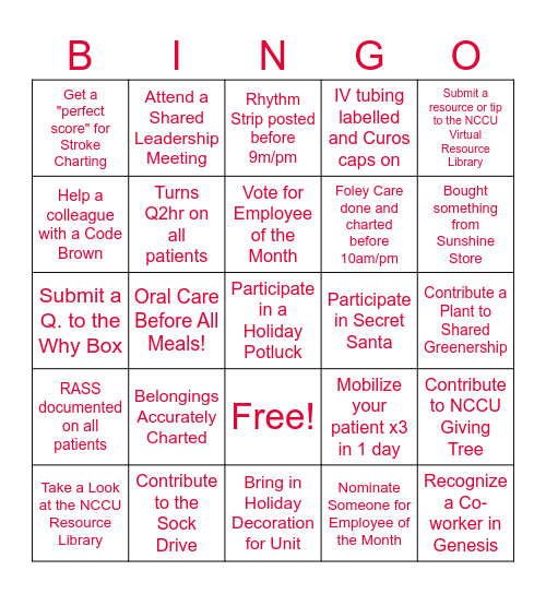NCCU Holiday Bingo Card