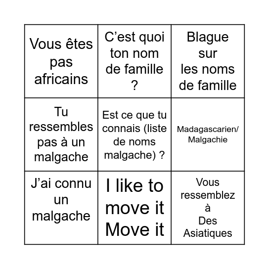 Bingo: Malgache en France Bingo Card