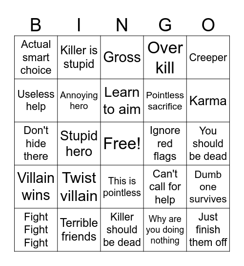 Survival horror Bingo Card