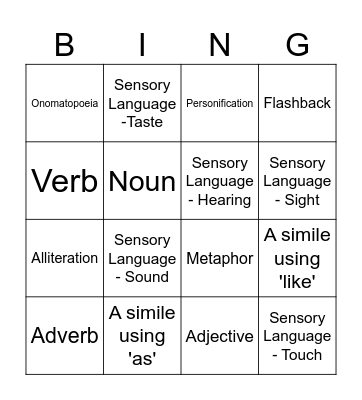 Creative Writing Bingo Card