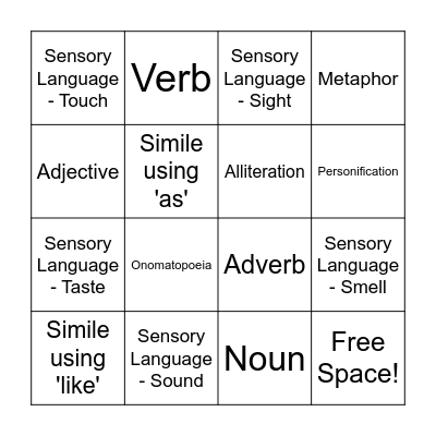 Creative Writing Bingo Card