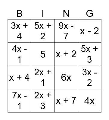 Order One Polynomial Addition Bingo Card