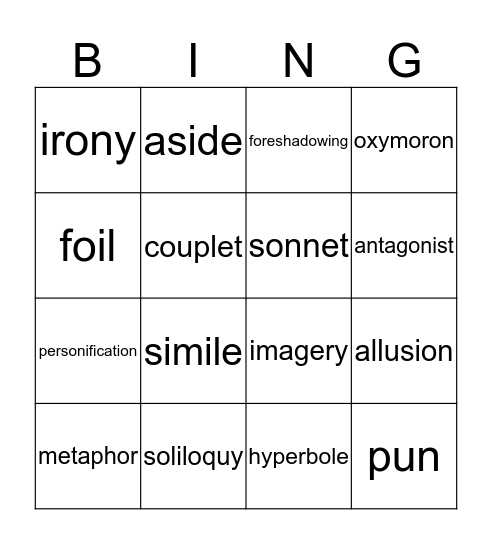 Literary Devices in R&J Bingo Card
