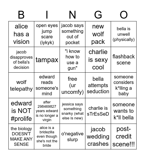 Breaking Dawn Part 1 Bingo Card