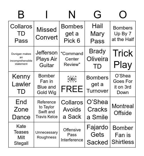 Grey Cup 2023 Bingo Card